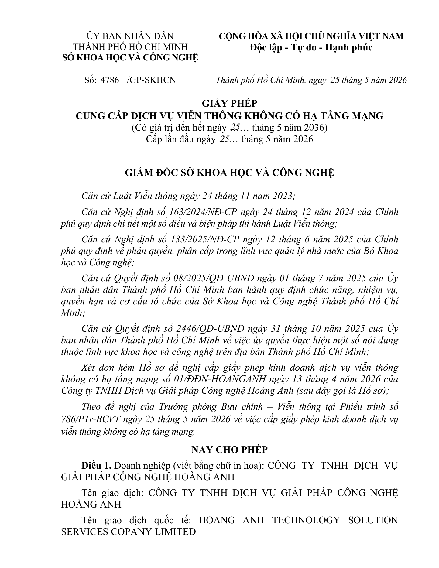 Trang đầu Giấy phép cung cấp dịch vụ viễn thông không có hạ tầng mạng số 4786/GP-SKHCN